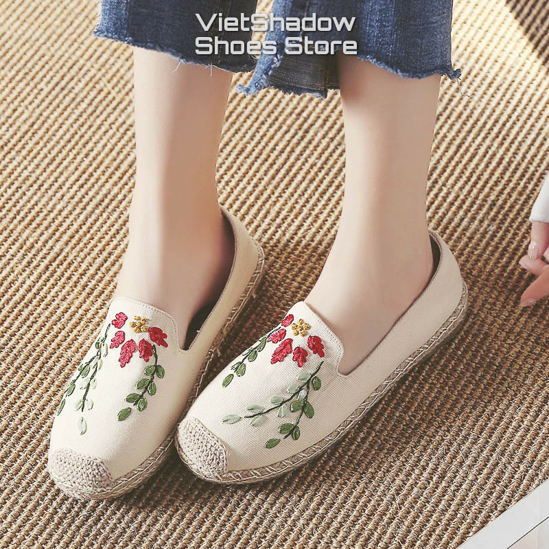 Slip on cói nữ - Giày lười vải đính bông lụa - Chất liệu vải bố 3 màu (be), (đen) và (đỏ) - Mã SP X-11