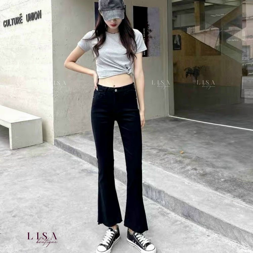 Quần bò loe LISA ống vẩy lửng, chất jeans co dãn 4 chiều, cạp cao đen FREESHIP TẶNG QUÀ 0đ | BigBuy360 - bigbuy360.vn