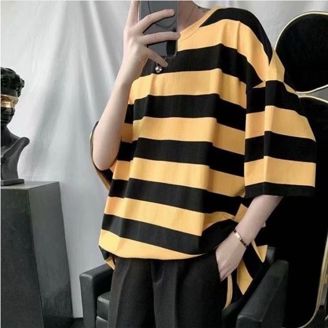 Áo thun cổ tròn dáng rộng kẻ sọc ngang trẻ trung phong cách Nhật Bản dành cho nam size S-3XL | BigBuy360 - bigbuy360.vn