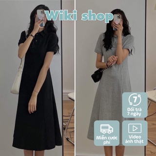 Váy đầm nữ dài cổ polo dáng xòe freesize đen ghi tay ngắn form rộng thun co giãn hàn quốc ulzzang wikishop C454