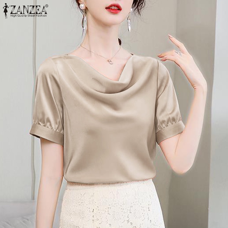 Áo sơ mi ZANZEA vải satin tay ngắn màu trơn thời trang cho nữ