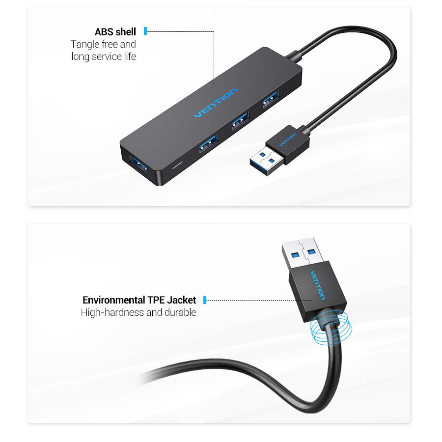 Thiết bị Hub VENTION chia 4 cổng USB 3.0 siêu mỏng cho máy tính xách tay/PC