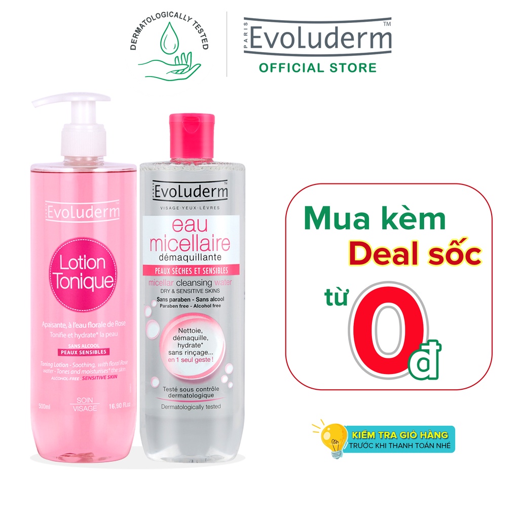 Bộ sản phẩm nước tẩy trang và hoa hồng chăm sóc dành cho da khô và nhạy cảm Evoluderm 500MLx2