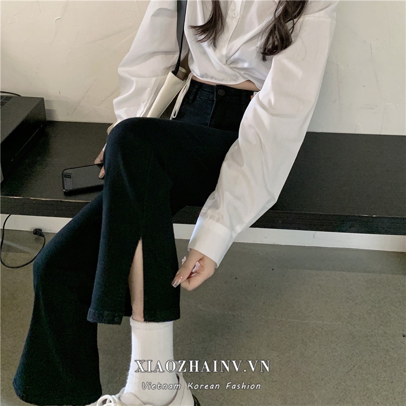 Xiaozhainv Quần jean nữ lưng cao xẻ tà thời trang cá tính