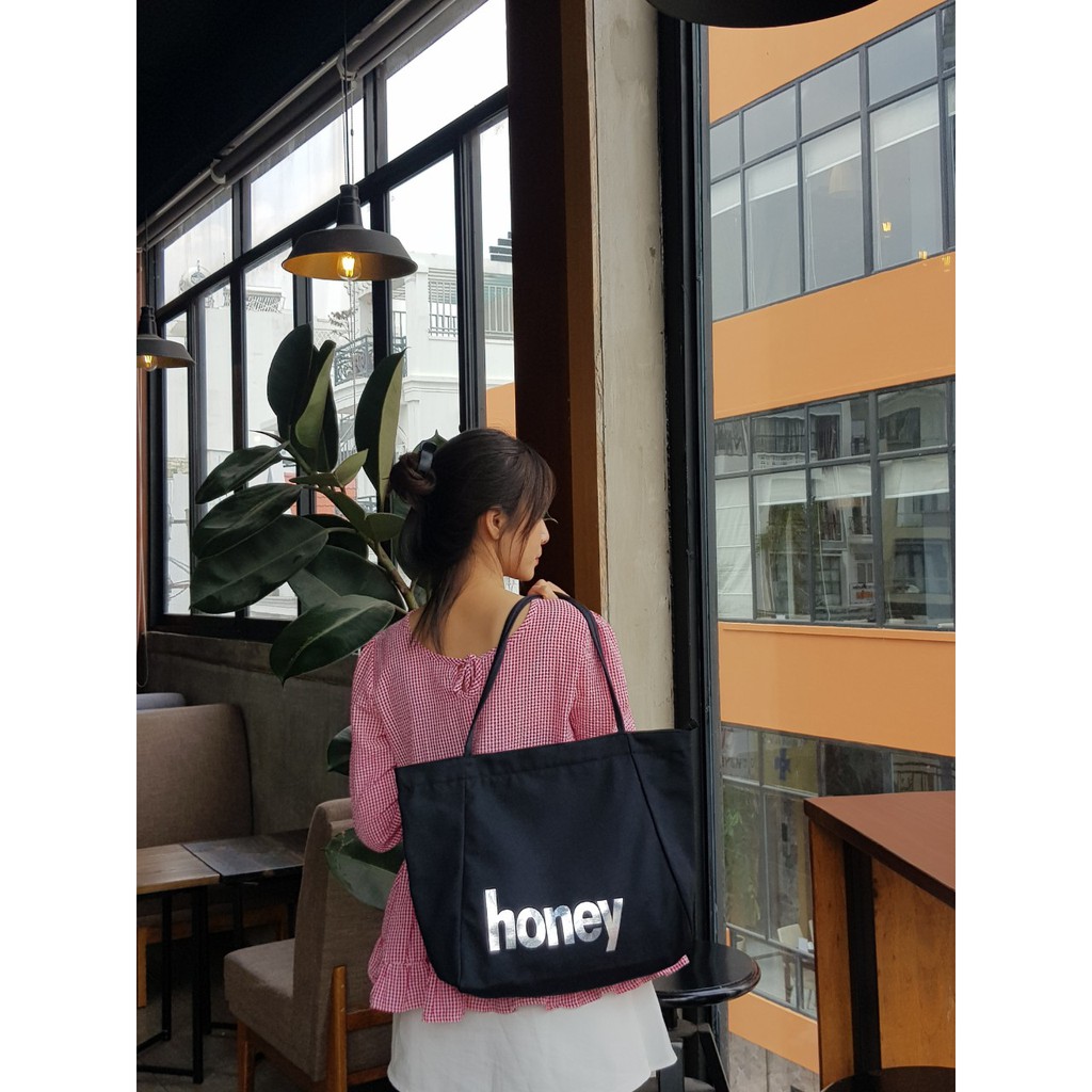 Túi Vải Tote, Vải Canvas, Đeo Vai Hàn Quốc, đựng giấy A4  in chữ HONEY thời trang COVI màu sắc T19