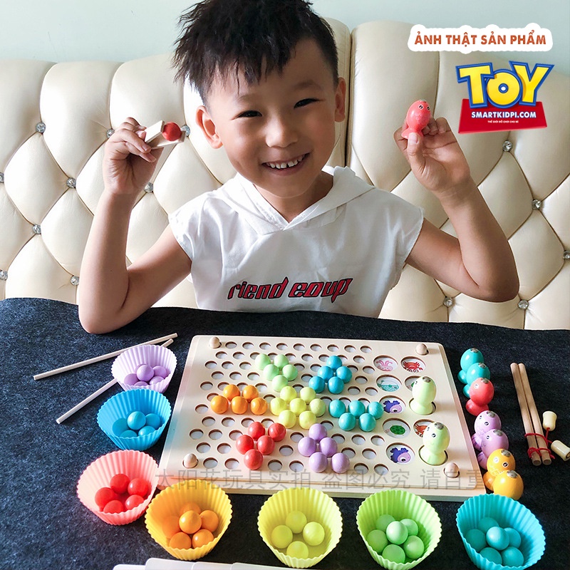 HÀNG LOẠI 1- Bộ Gắp hạt Gỗ 3 trong 1, kèm Bát đẹp, Câu và Lật hình trí nhớ