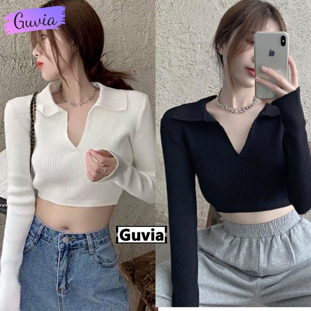 Áo Croptop Tay Dài Nữ Cổ Tim Nơ Lưng Ulzzang Chất Thun Gân Tốt Mền Mát GUVIA