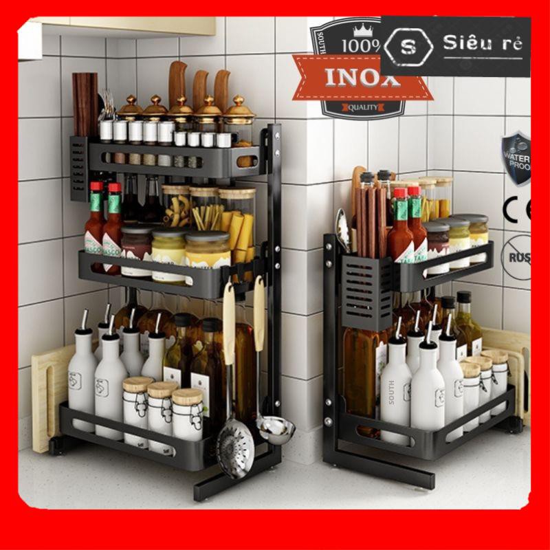 Kệ gia vị đa năng INOX phủ sơn tĩnh điện Đen KGV-007, kệ bếp cao cấp 2 Tầng loại dày (PD160199)