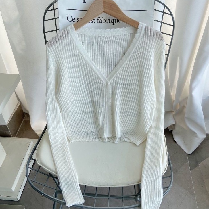 Áo Khoác Cardigan Dệt Kim Mỏng Tay Dài Màu Đen Chống Nắng Thời Trang Mùa Hè Cho Nữ