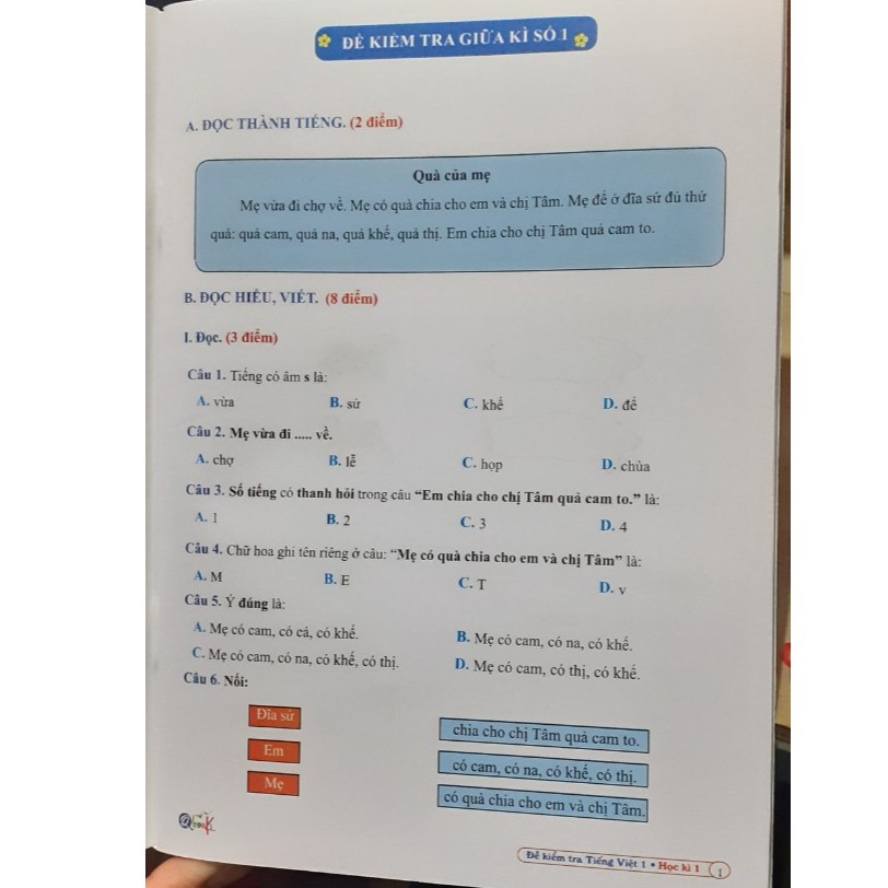 Sách - Đề kiểm tra Tiếng Việt lớp 1 Học kì 1 ( Cánh diều 2020)