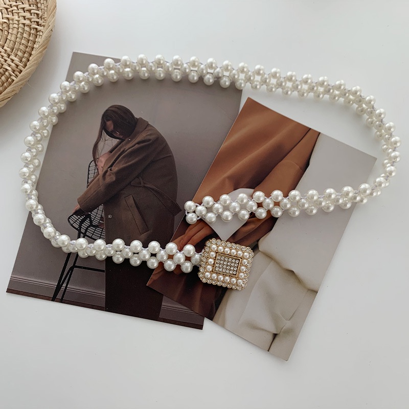 Thắt lưng nữ kết hạt trai bản 2cm co giãn, phong cách Vintage - 5 mặt khóa