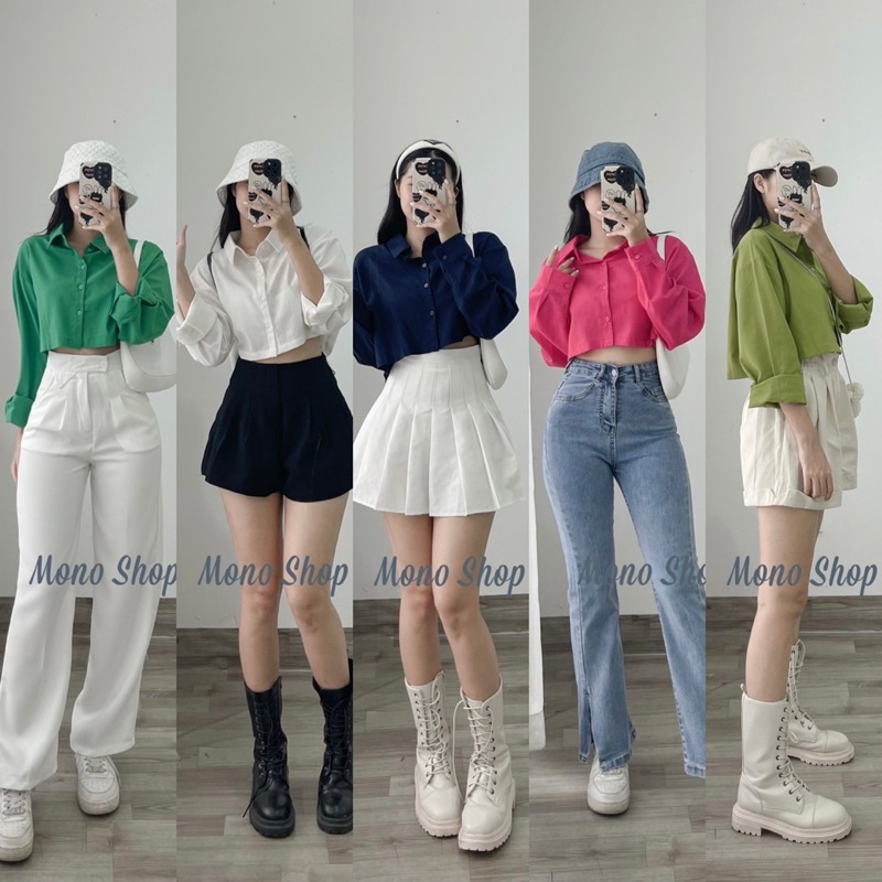 Áo sơ mi linen croptop nhiều màu dài tay Ảnh thật/ sẵn