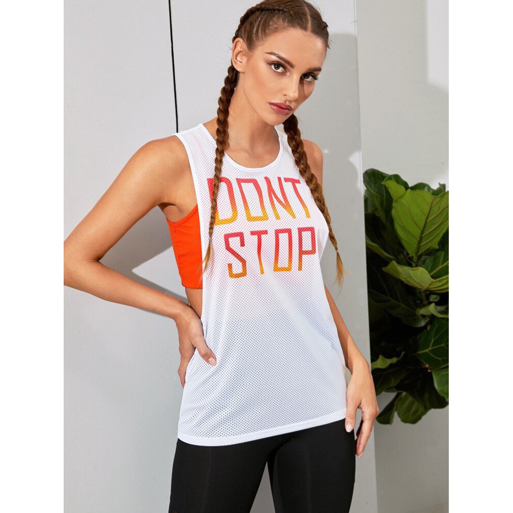 Áo thun thể thao nữ, áo tanktop tập gym DON'T STOP vải thun lưới nhẹ mát