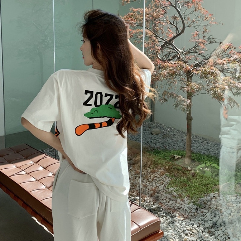 Áo Thun Tay Ngắn Cổ Tròn Dáng Rộng In Hình Móng Vuốt Hổ Thời Trang Mùa Hè