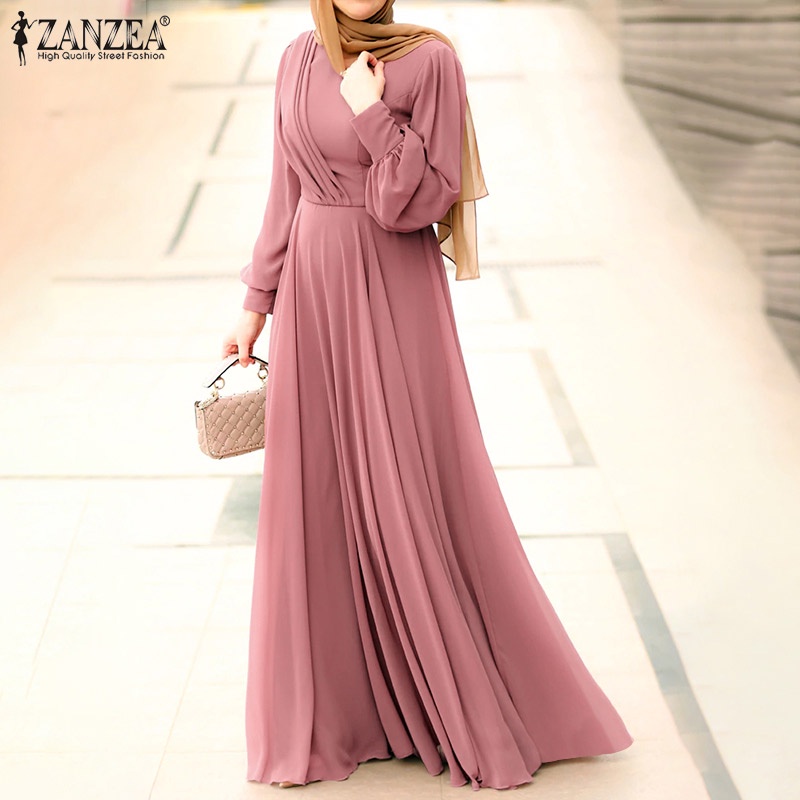 Đầm maxi ZANZEA dài tay phối khóa kéo thời trang cho nữ