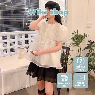 Set áo nữ cộc tay voan buộc nơ phối chân váy voan đen cạp chun freesize phom suông rộng tiểu thư hàn quốc C808