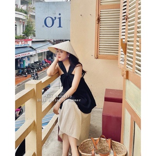 Set áo yếm kèm chân váy đũi dáng dài vintage, set mặc đi chơi đi biển