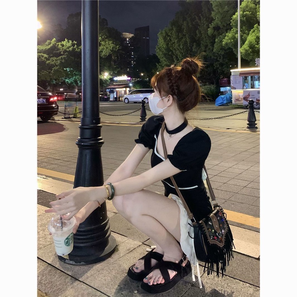 Đầm ngắn mỏng khoe eo cột dây màu phong cách hot girl kiểu Pháp mùa hè cho nữ hơi mũm mĩm