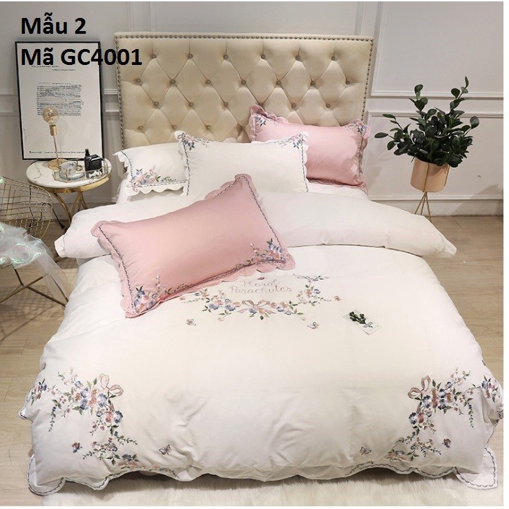 GC4001 -Bộ ga gối chất cotton lụa thêu cao cấp 4CT hàng nhập