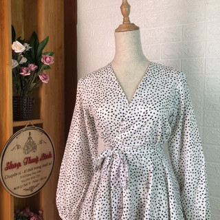 Jumpsuit chấm bi thắt eo - Hình thật
