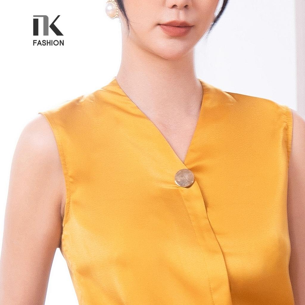 Áo Sơ Mi Lụa Nữ NK Fashion Thiết Kế Sát Nách Xếp Vai Đính Khuy Tinh Tế, Chất Vải Mềm Nhẹ NKSM2204004