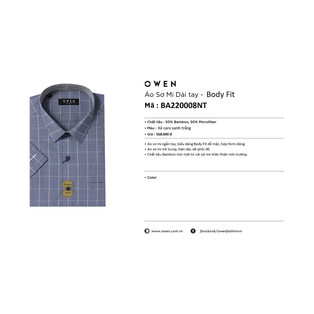 Áo Sơ Mi Nam Ngắn Tay OWEN BA220008NT Somi Công Sở Cao Cấp Màu Xanh Tím Caro Trắng Vải Sợi Tre Dáng Suông Tà Bằng Có Túi