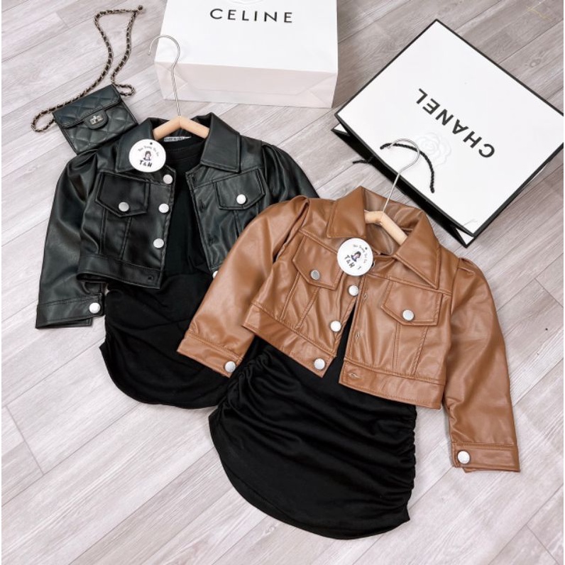 Set áo khoác da kèm váy body  sang chảnh bé gái