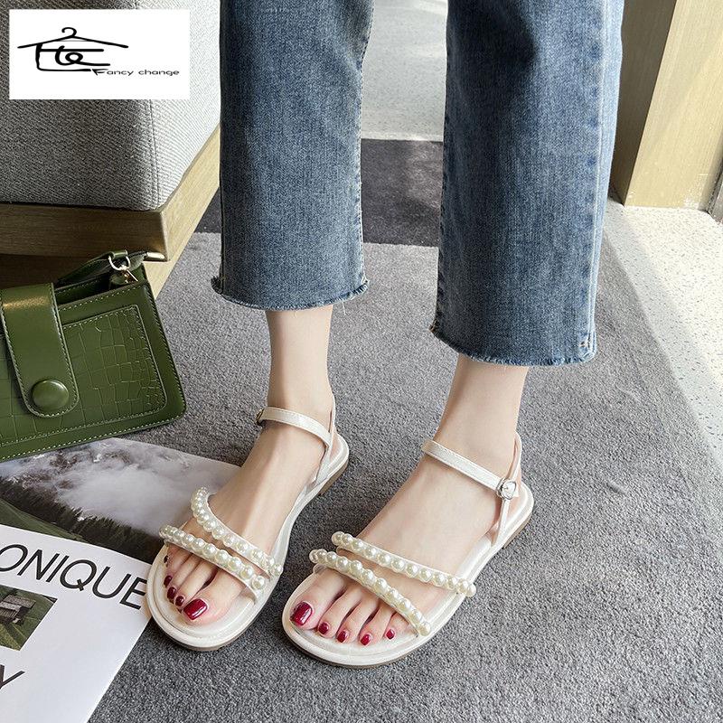 Giày Sandal Đế Bệt 2022 Đính Ngọc Trai Phong Cách La Mã Thời Trang Mùa Hè Hàng Mới Cho Nữ