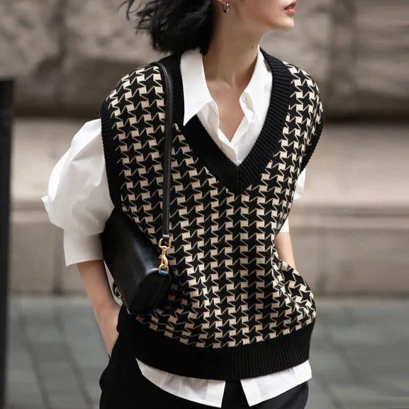 Áo gile len kẻ Vintage hàng QCCC