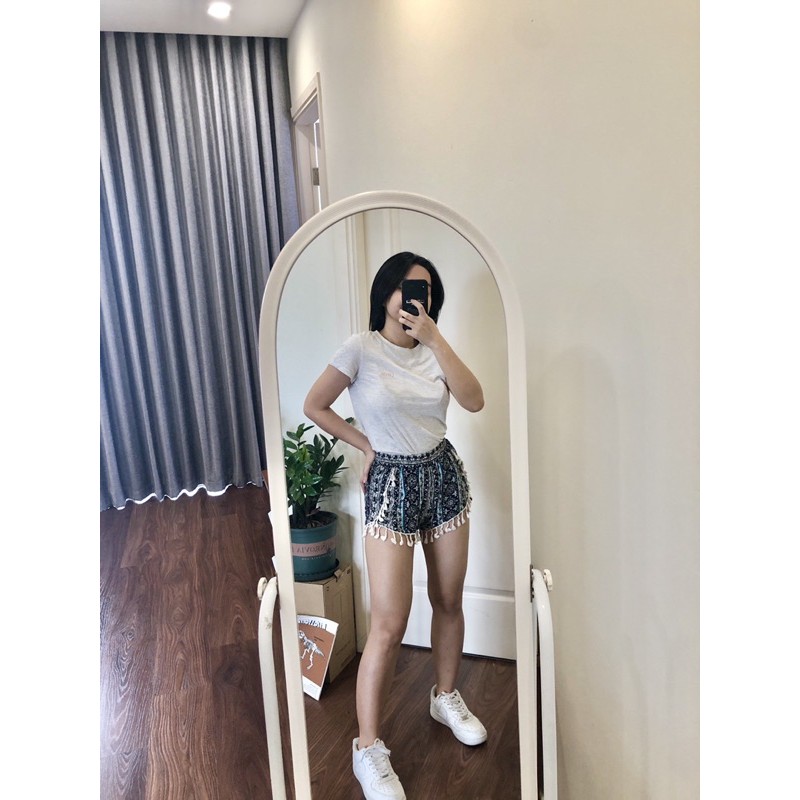 Quần đùi short vải lanh thoáng mát hoạ tiết thổ cẩm tua rua trắng - Hàng made in Việt Nam VNXK