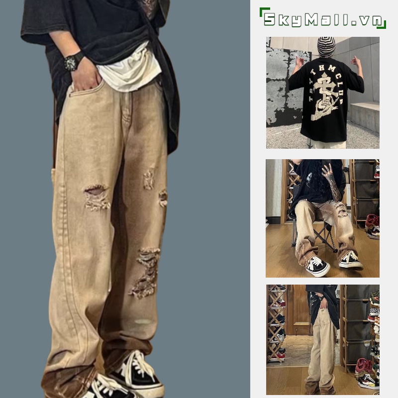Quần Jean nam Dài Rách Gối Phong cao cấp quần jean nữ  Âu Mỹ  quần jeans ống rộng