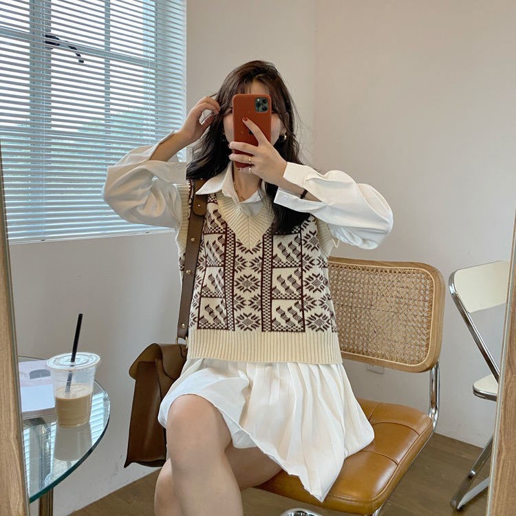 Áo sát nách ZHELIHANGFEI dệt kim cổ chữ V phối màu tương phản phong cách Nhật Bản thời trang thu đông mới dành cho nữ