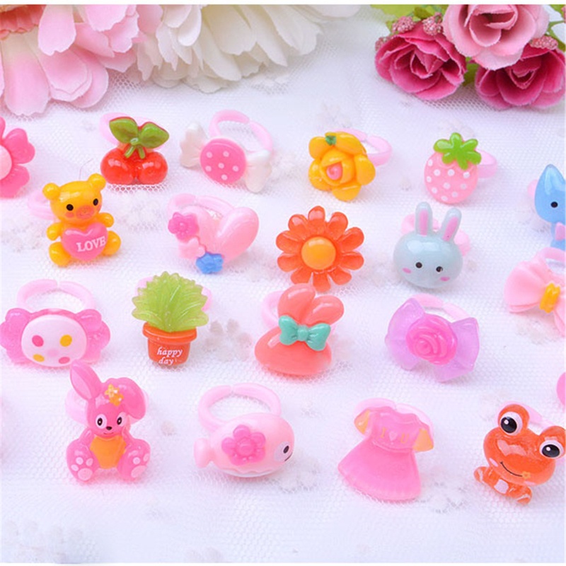 Hộp 50 nhẫn hoạt hình có thể điều chỉnh kích cỡ cho bé gái
