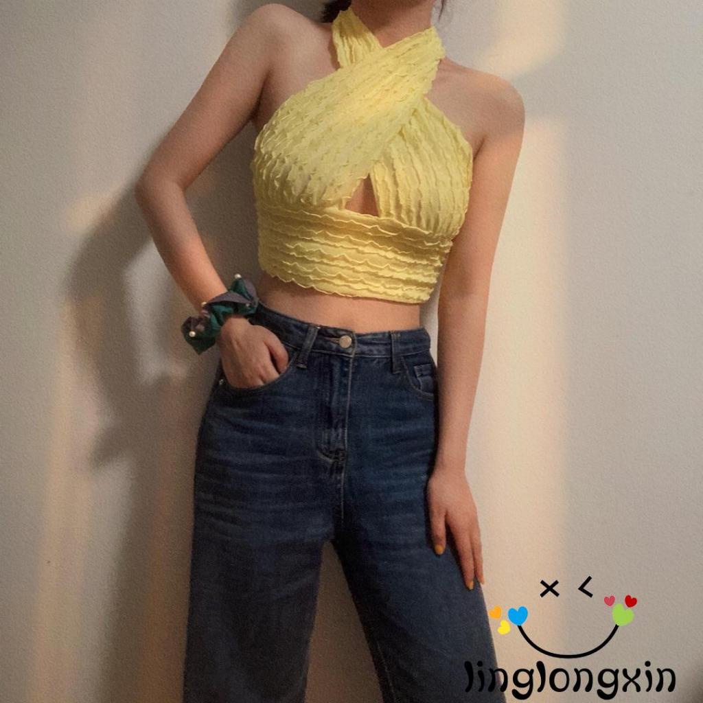 Áo croptop cổ chữ V màu sắc tương phản thời trang cho nữ