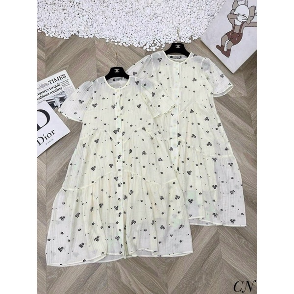 Váy đầm bầu công sở hoa nhí thiết kế hai lớp mùa hè cộc tay/tay ngắn vải voan thời trang cao cấp đẹp rẻ