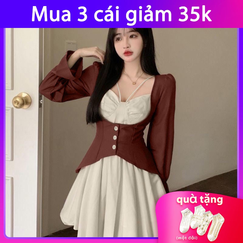 Đầm dáng chữ A cổ vuông tay dài phồng giả hai lớp màu sắc tương phản thời trang mùa xuân 2022 dành cho nữ