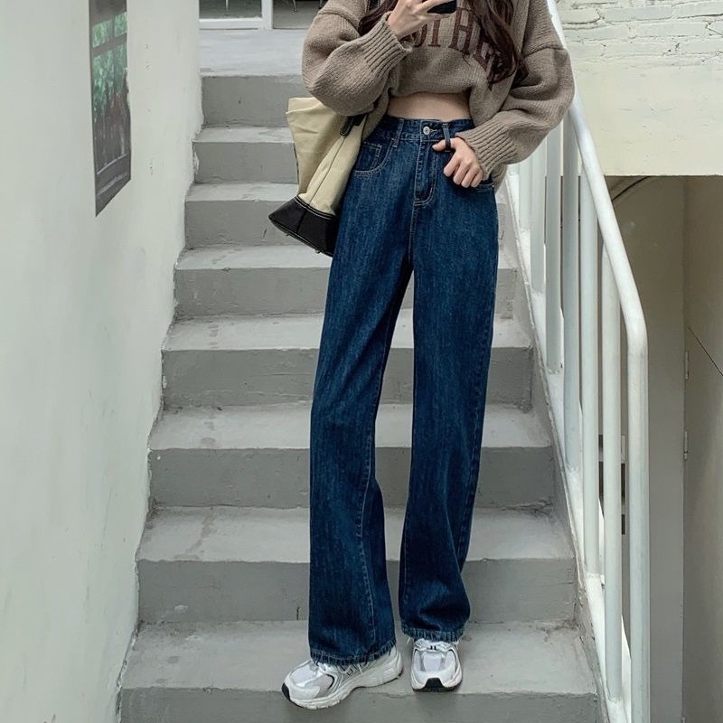 Quần Jean Nữ Ống Rộng Lưng Cao Thiết Kế Mới Thời Trang Thu Đông Hàn Quốc