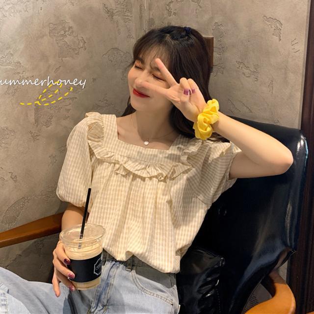 Áo sơ mi tay ngắn rộng rãi cổ vuông kẻ sọc phong cách Hàn Quốc thời trang mùa hè cho nữ