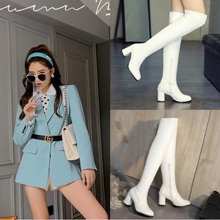 Giày boot cổ cao trên gối đế vuông 7cm màu trắng GBCC-04W