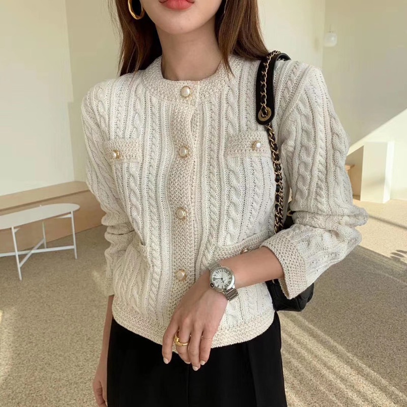 Áo khoác cardigan SUXI dệt kim cổ tròn phối nút phong cách retro Hàn Quốc cho nữ