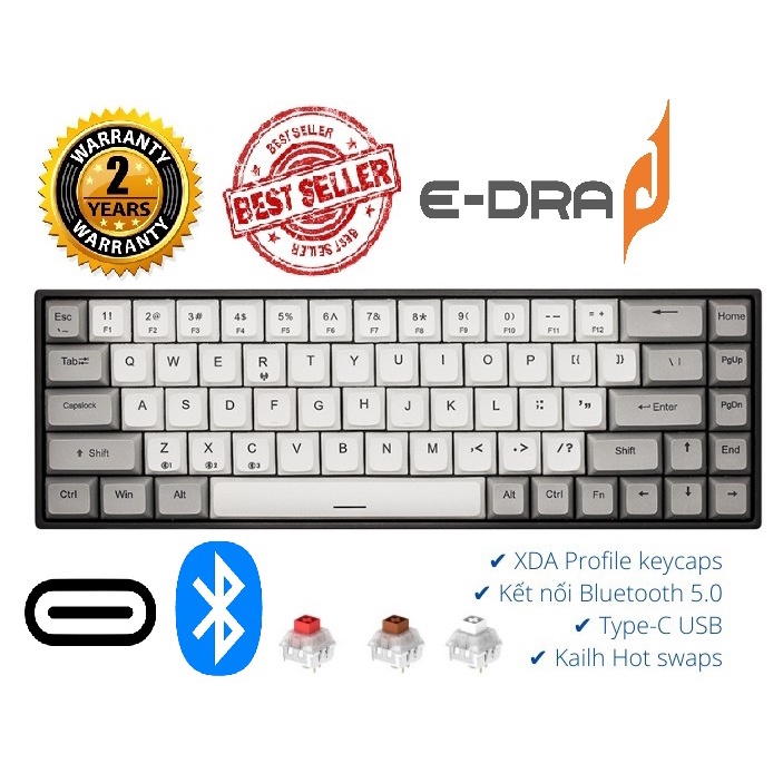 Bàn phím cơ không dây EDRA EK368W Hotswap/ Bluetooth/ TypeC Hàng chính hãng