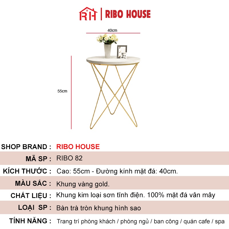 Bàn trà sofa RIBO HOUSE mặt đá tròn vân mây khung hình sao, bàn trang trí phòng khách tiệm nails spa homestay RIBO82