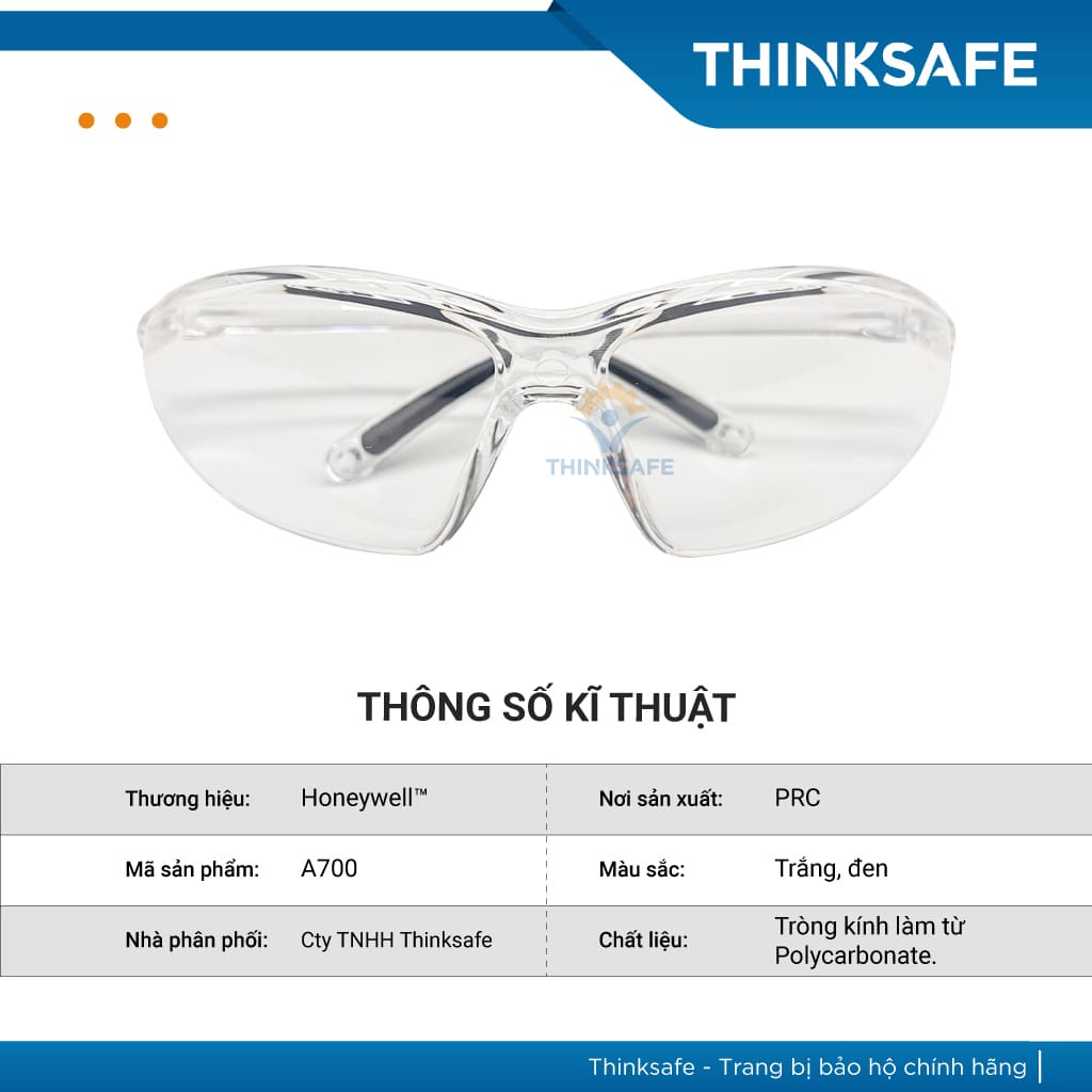 Kính bảo hộ Honeywell A700 màu trong chống bụi, chống tia UV, chống đọng sương Kính chống bụi đi đường - THINKSAFE