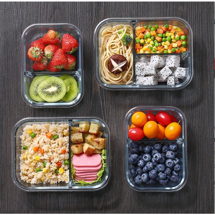 Hộp Cơm Thủy Tinh 3 Ngăn Có Thìa Đũa Inox, Hộp Đựng Thức Ăn Chia Ngăn Dùng Được Trong Lò Vi Sóng