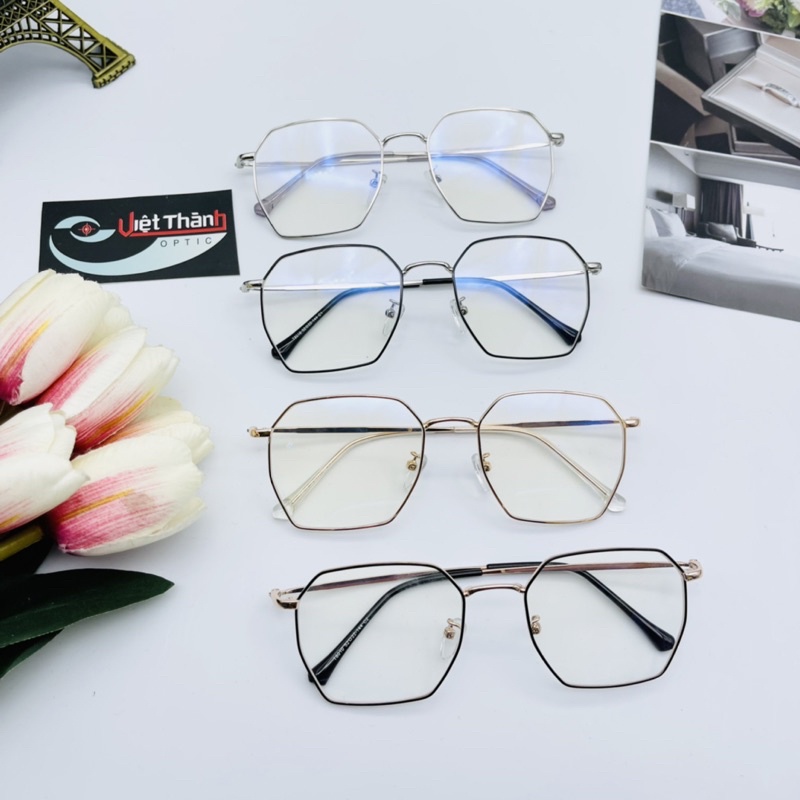 gọng kính cận lục giác 4 màu mảnh xinh kim loại nhận làm cận viễn loạn LG10