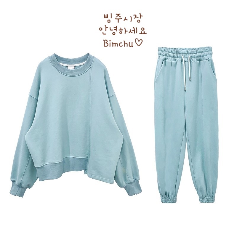 Set Bộ Nỉ Nữ Thu Đông Xanh Dương Lệch Gấu Cá Tính