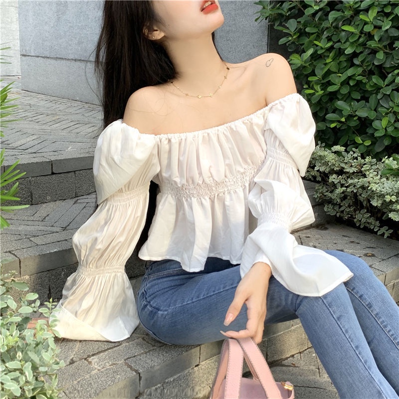 Áo kiểu COZOKC dài tay trễ vai phối bèo thời trang quyến rũ cho nữ