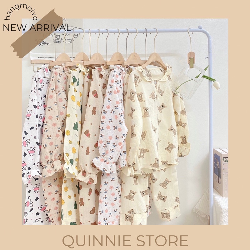 Set đồ ngủ viền bèo chất đũi xốp họa tiết xinh xắn đáng yêu hộ quần áo ngủ dài tay mùa thu đông phong cách Hàn Quốc