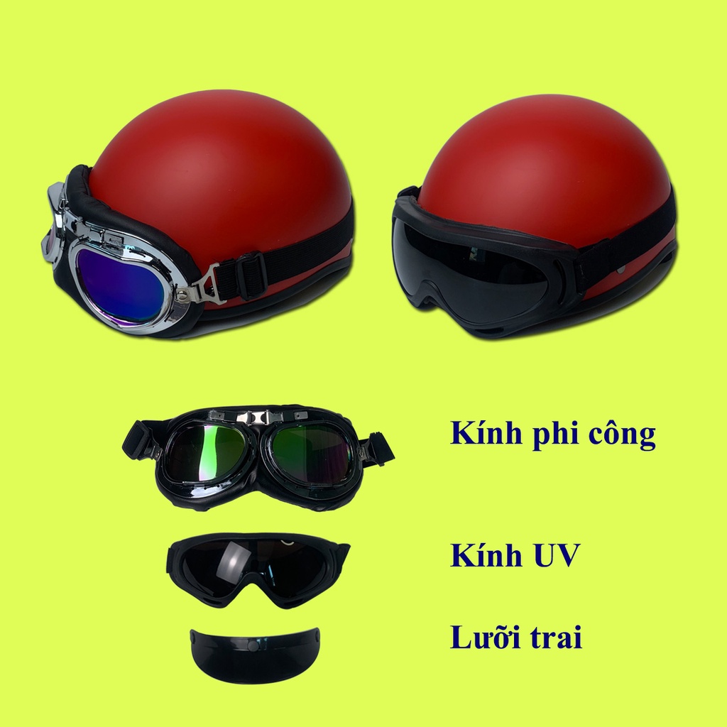 Mũ bảo hiểm nửa đầu 1/2 trơn nhám nhiều màu kèm kính UV, kính phi công, nón bảo hiểm freesize siêu HOT HIT- Hàng cao cấp
