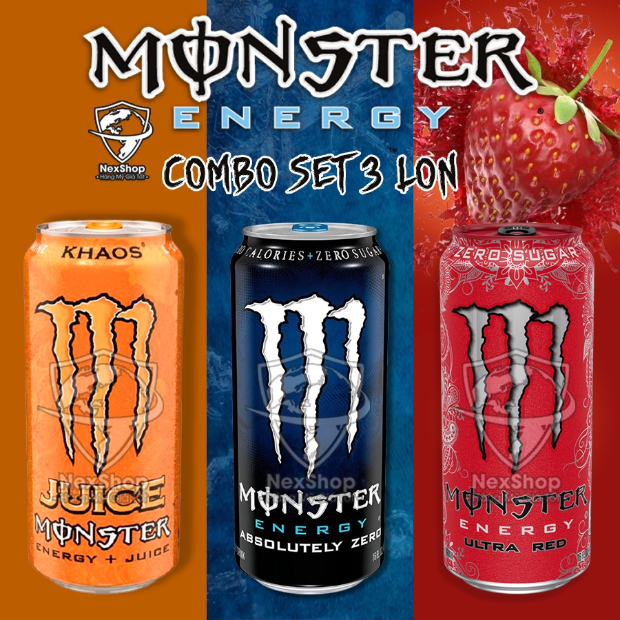 COMBO Set 3 Lon Monster KHAOS/ Absolutely/ Red Ultra Không Đường 473ml Mỹ